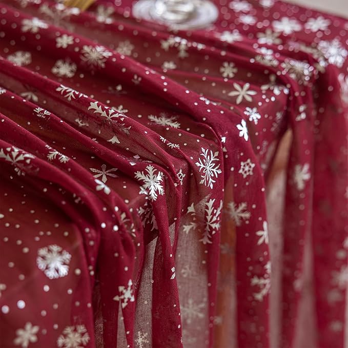 Silvery Snowflake Metallic Print Tulle Christmas Table Runner, Seasonal Winter Kitchen Dining Table Decoration for Home Party Decor 35x120 Inch (Burgundy)