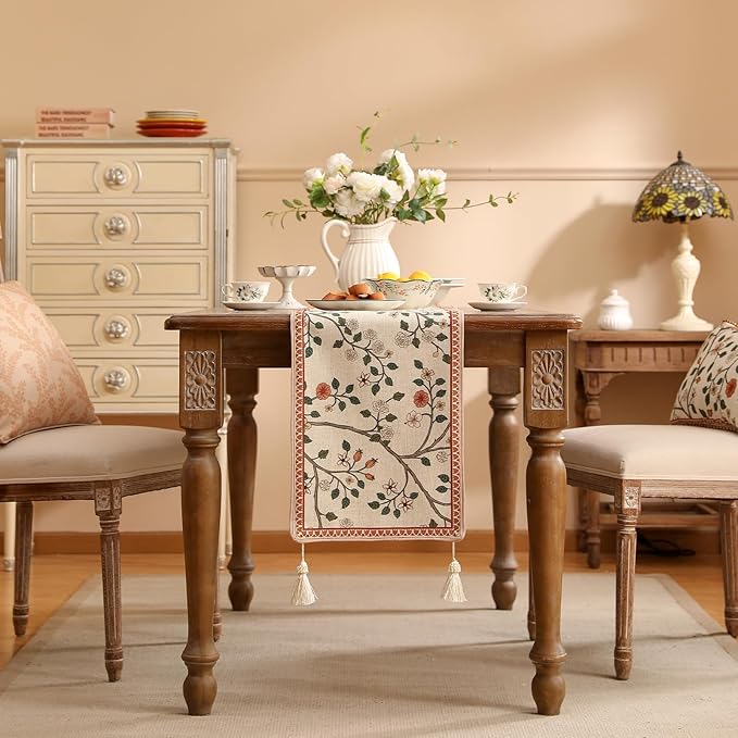 ISAENNE Designer Elegant Linen Floral Table Runner 102 Inches Long,Farmhouse Light Beige Durable Decor Table Runners for Dining Tables,Thanksgiving,Kitchen Tables,Christmas,12"*102"-Flora A