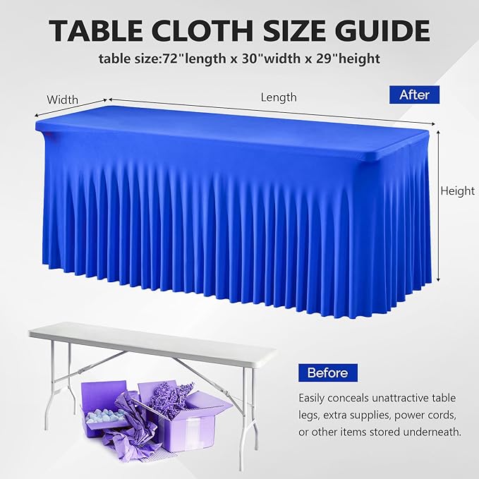 Wish Care 6 Pack Royal Blue Spandex Table Clothes for 6 Foot Rectangle Tables, 6FT Wrinkle Free Fitted Tablecloths Ruffles Design Table Cloth for Party, Banquet, Wedding and Events