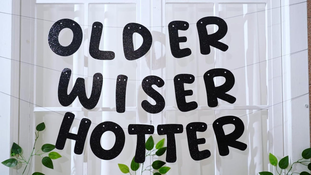 Fulmoon Set of 3 Pre Strung Older Wiser Hotter Glitter Banner Funny Birthday Banner for Women 30th 40th 50th 60th 70th 80th Birthday Party Decorations Sign Gift(Champaign Gold)
