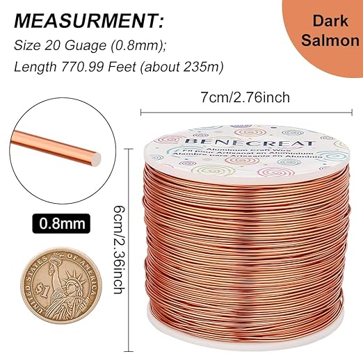 BENECREAT 20 Gauge 770FT Aluminum Wire Anodized Jewelry Craft Making - Beading Floral Florist for Gem Wrapping, Plant Gardening, Festival Jewelry Craft Making, Copper Tone