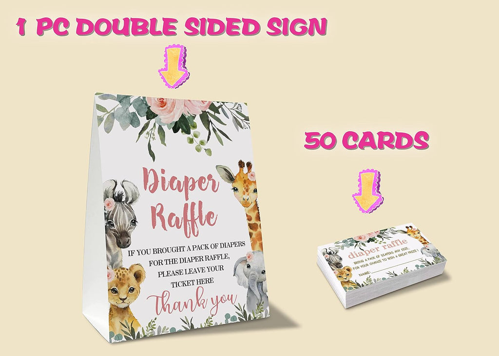 Yuansail Diaper Raffle Tickets For Baby Shower, Jungle Animal Themed Cards, Party Favors For Baby Showers Game Cards, 1 Sign & 50 Cards Per Pack – (bb002-niaobu)