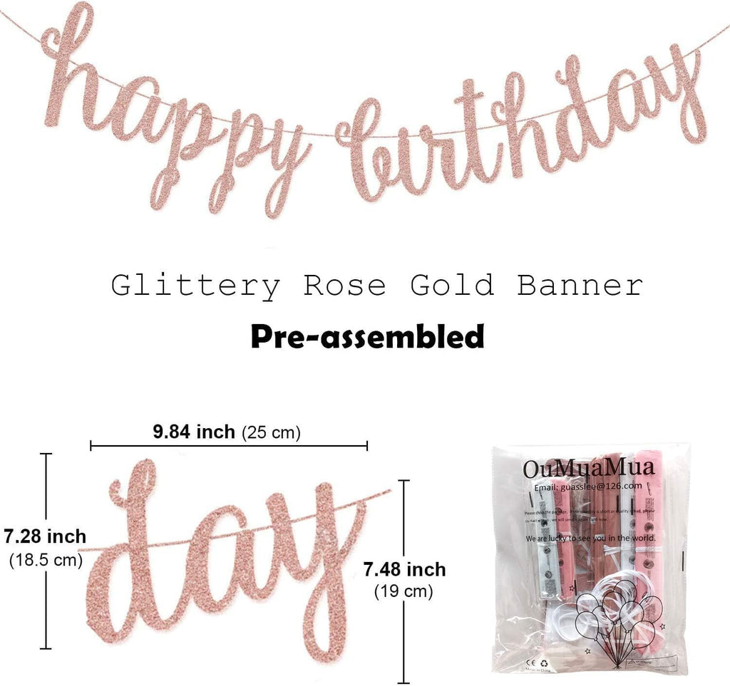OuMuaMua Pink Rose Gold Birthday Party Decorations Set, Rose Gold Glittery Happy Birthday banner, Tissue Paper Pom, Circle Dots Garland and Tassel Garland for BDAY Party Decorations
