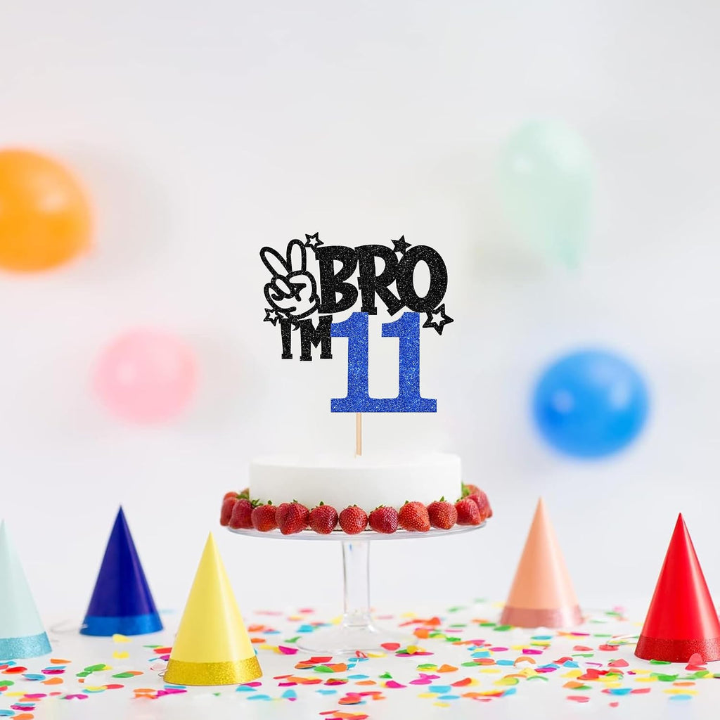 1 PCS Brother I'm 11 Cake Topper Glitter Star Happy 11th Birthday Cake Pick Bro I'm 11 Cake Decoration It's My 11th Birthday Decorations for Boys Cheers to 11 Years Old Birthday Party Supplies Blue