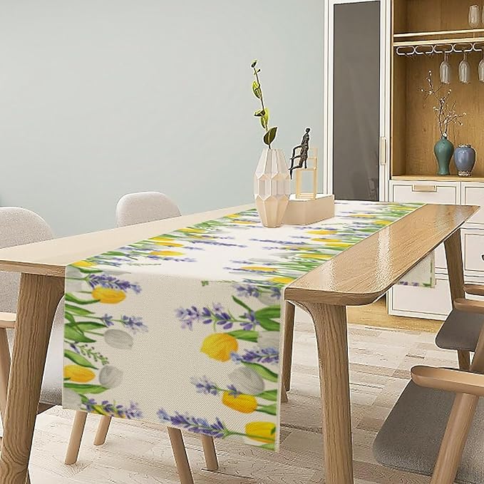 Floral Tulip Lavender Table Runner, Spring Watercolor Flower Plants Nature Butterfly Table Runner for Kitchen Dinner Living Room Home Party, 13x70 Inch