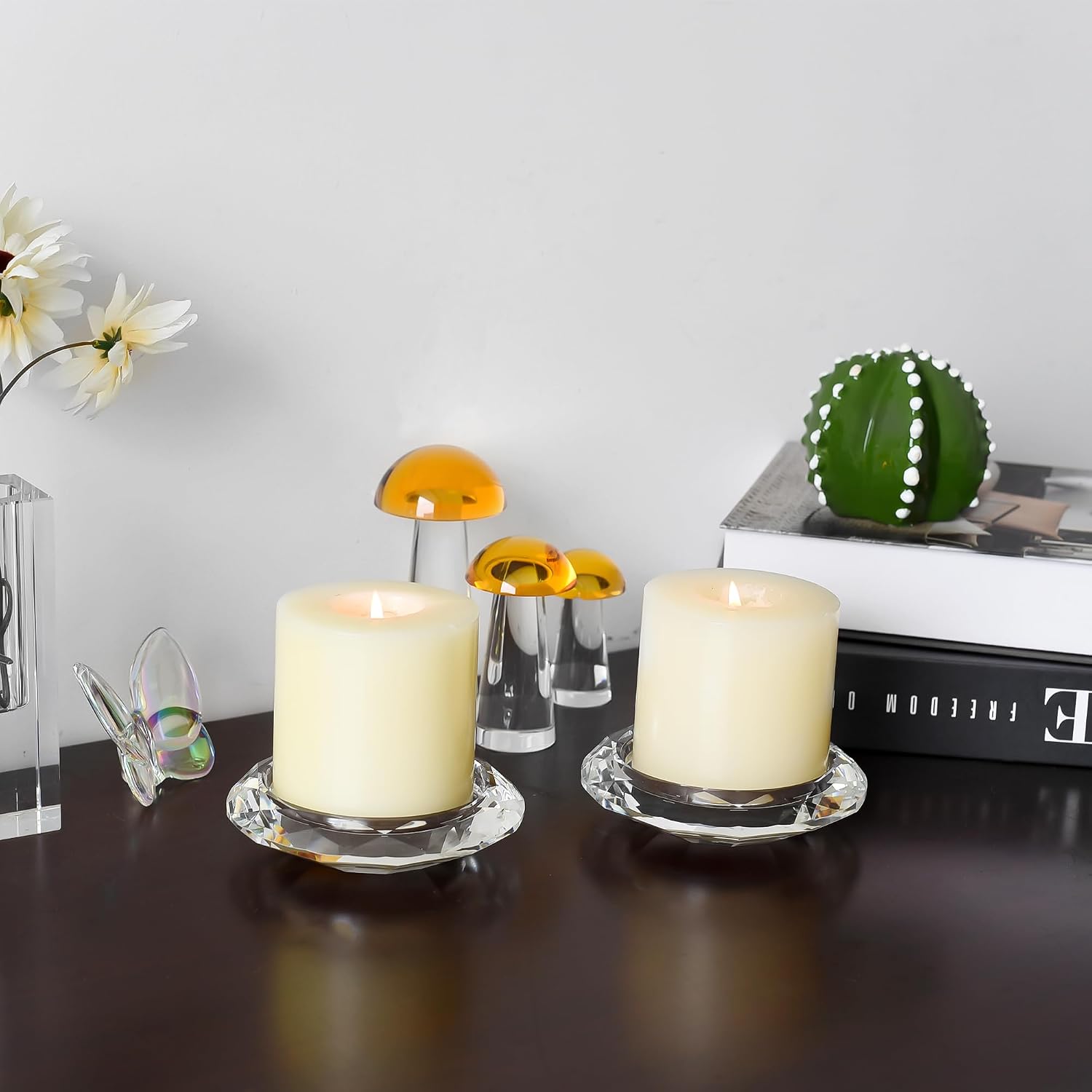Crystal Pillar Candle Holders Decorations for Home Party Dinner Christmas, Suitable for Large Cylindrical Candles Hand-Cut 4.3'' X 1'' Clear, Pack of 2