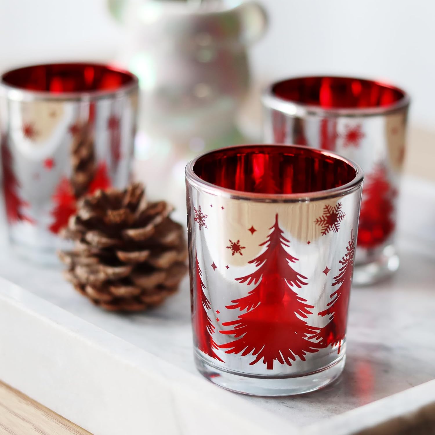 Christmas Candle Holders 12PCS, Silver Red Votive Tealight Candle Holders with Carved Christmas Trees for Xmas Table Centerpiece Decor