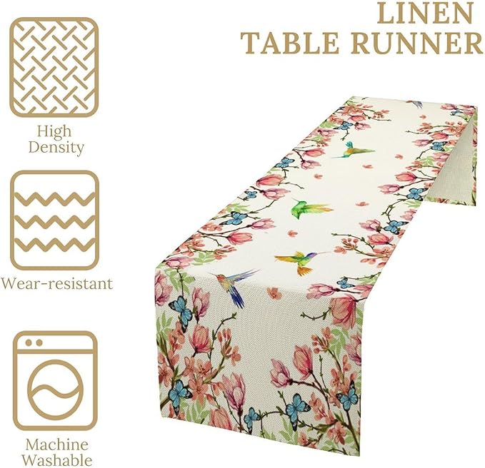 Vintage Watercolor Flower Hummingbird Table Runner Seasonal Spring Garden Plants Birds Florals Farmhouse Country Kitchen Dinner Runner Dining Table Decoration 13"x60"
