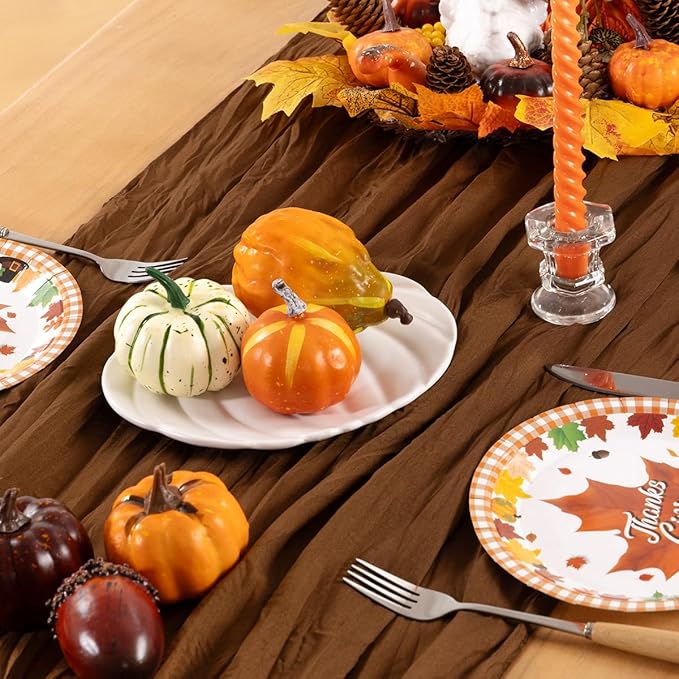 Brown Cheesecloth Table Runner Tan 10 Pack Fall Table Runners Boho Gauze 120 Inches Marron Cheese Cloth Fall Table Decorations for Thanksgiving Wedding Bridal Baby Shower Tea Party Decor