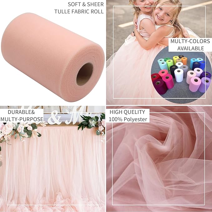 Blush Tulle Fabric Rolls 6 Inch by 100 Yards (300 feet) Fabric Spool Tulle Ribbon for DIY Blush Tutu Bow Baby Shower Birthday Party Wedding Decorations Christmas Craft Supplies