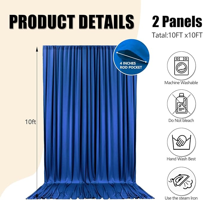 10ft x 10ft Royal Blue Backdrop Curtains for Parties, Fabric Satin Background Curtain with Rod Pockets for Weddings, Birthday, Baby Shower, Photography, Graduation Party Backdrop Drapes, 2 Panels