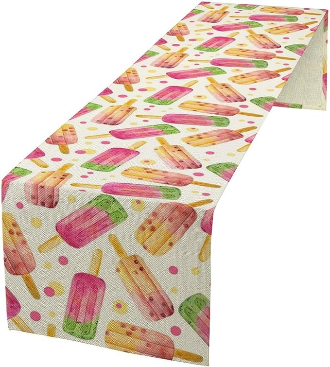 Ice Cream Popsicles Table Runner, Watercolor Summer Seasonal Fruit Peach Kiwi Berry Popsicles Orange Pink Sweet Dessert Dinner Runner for Party Holiday Home Kitchen Dining Table Decor 13"x108"