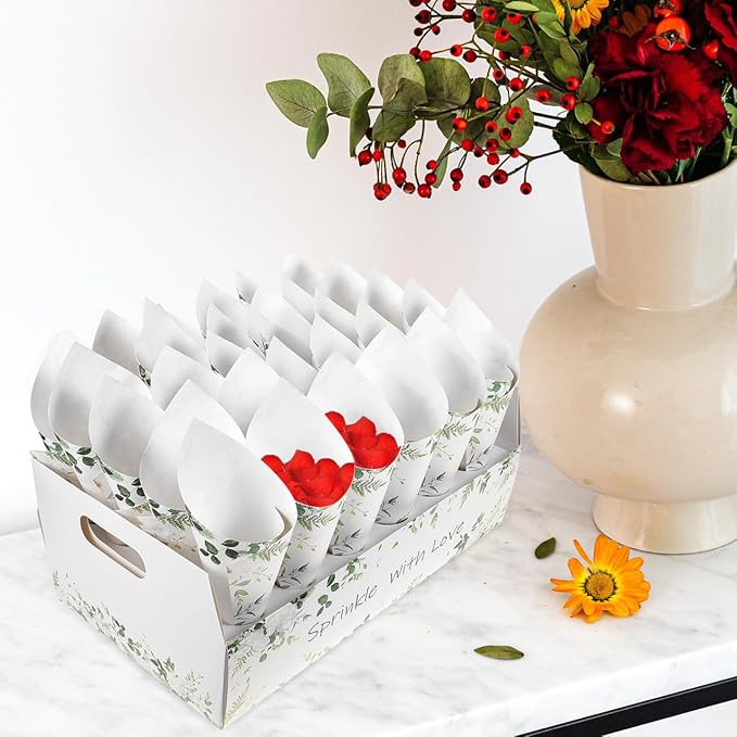 CIMAXIC Wedding Confetti Cone Holder Box - Flower, Paper, Petal Cones - White Paper Cup Candy Stand