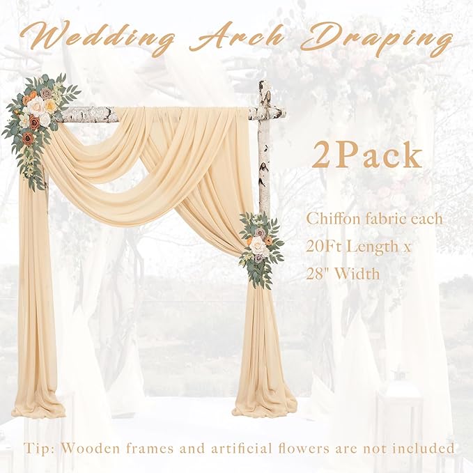 2 Panels Wedding Arch Draping Fabric 20Ft Length x 28" Width Champagne Arch Drapes Chiffon Fabric Sheer Curtains Backdrop for Party Bridal Decorations Wedding Ceremony Ceiling Stage Reception Decor