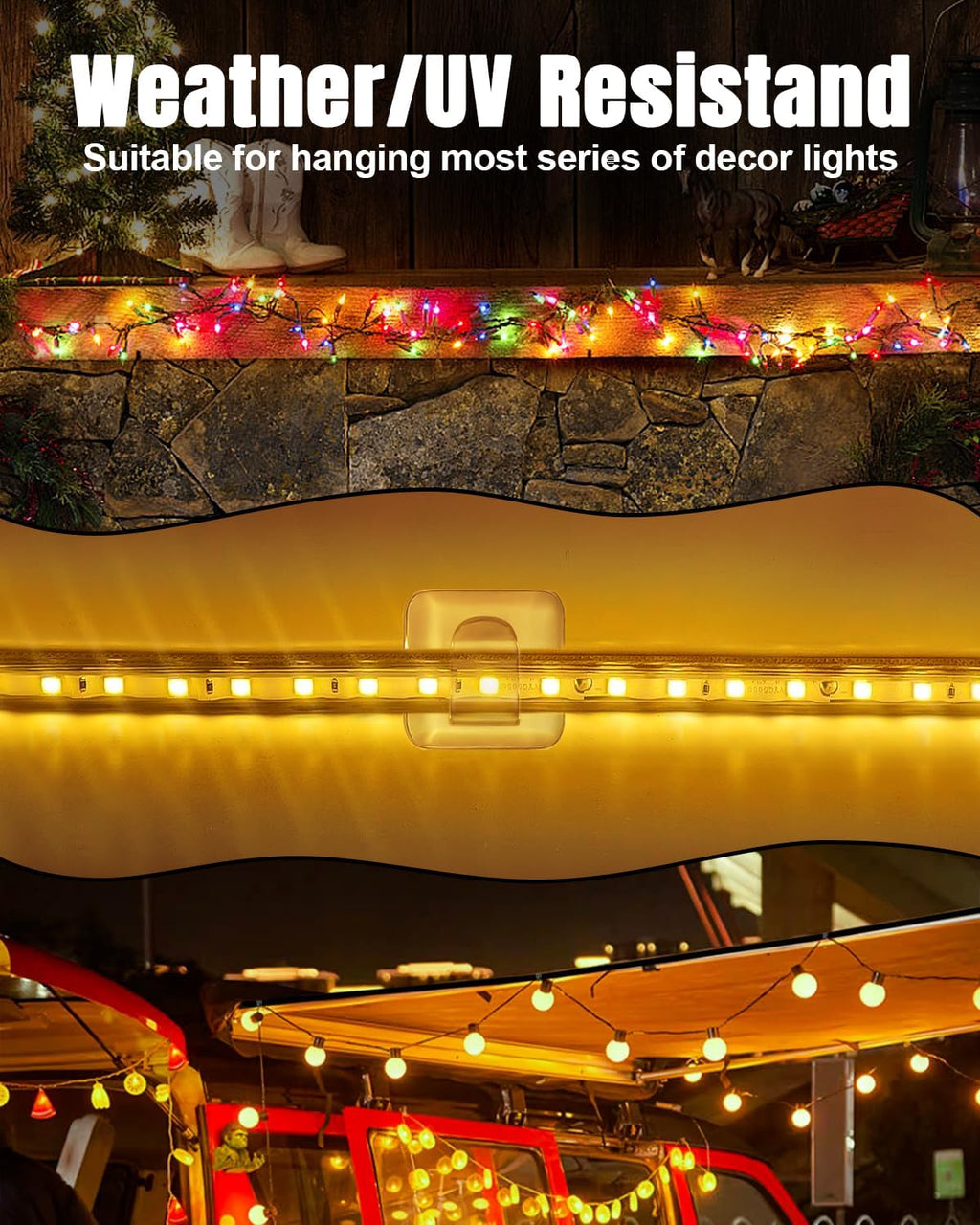 LZC Hooks for Outdoor String Lights Clips: 25 Pack Square Clear Large Heavy Duty Light Hook Waterproof Adhesive Strips - Outside Hanging Rope Light Cable Cord Holders Organizer