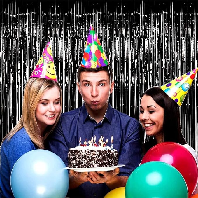 4 Pack Black Foil Fringe Curtain Backdrop, 3.28Ft x 8.2Ft Metallic Tinsel Streamer Curtains for Party, Photo Booth Props, Birthday, 2022 Graduation Decoration Party Supplies