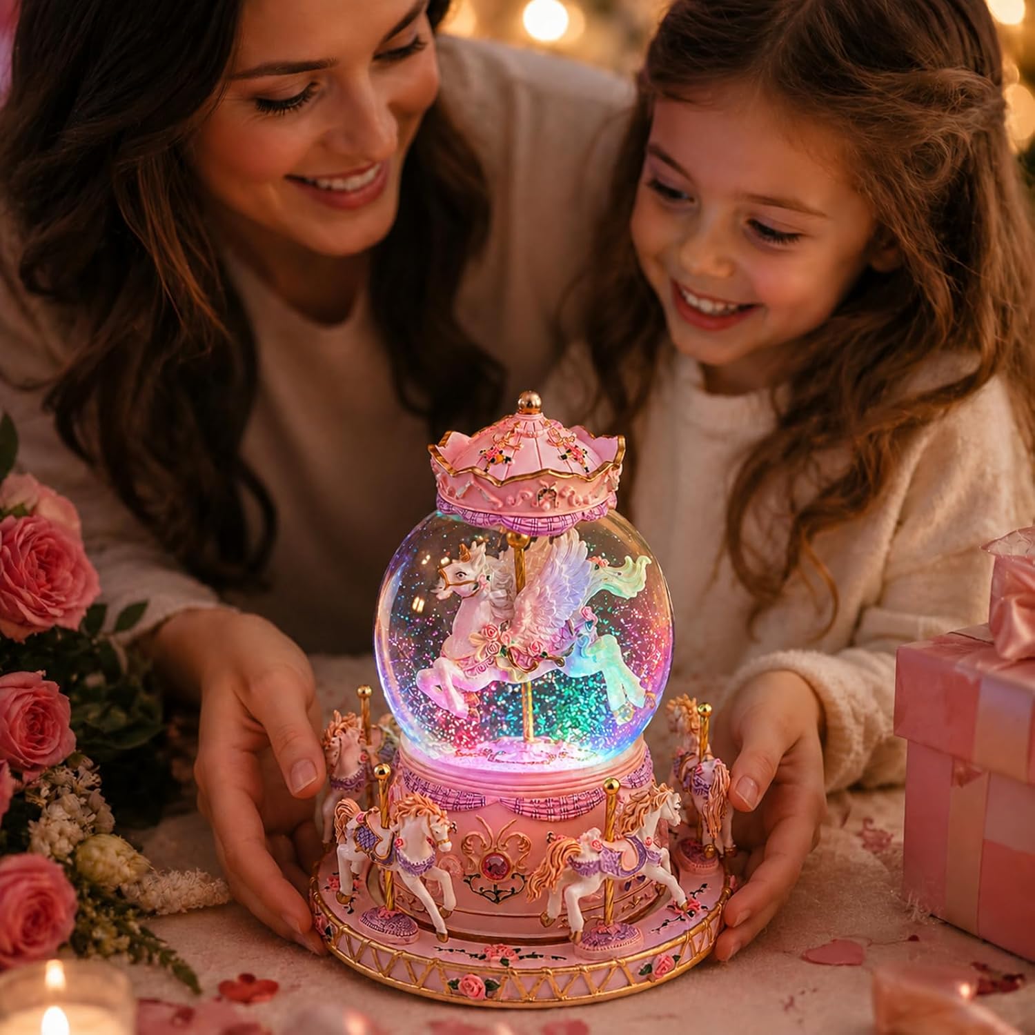 Unicorn Carousel Snow Globe Music Box, Plays You are My Sunshine, Rotating Horse Musical Snow Globe Gift for Daughter Girls Women, Birthday Christmas for Wife Sister Friend
