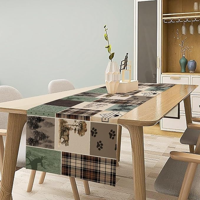 Bear Deer Table Runner,Rustic Lodge Retro Country Farmhouse Buffalo Plaid Print Tablecloth Burlap for Hotel Indoors Outdoor Dining Room Kitchen Home Decor,W13X L90 in