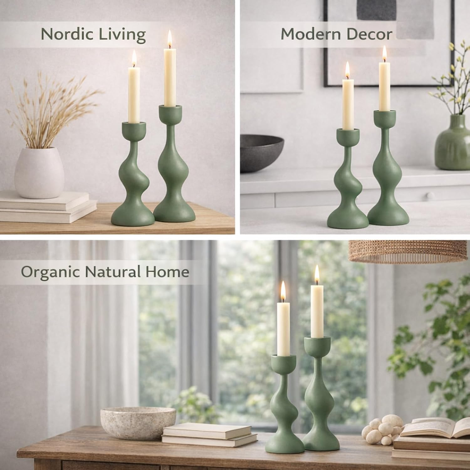 Smtyle Taper Candle Holders Set of 2 Sculptural Cast Aluminum Candlestick Holders, Modern Minimalist Sage Green Candle Stand for Dining Table, Living Room, Shelf Decor