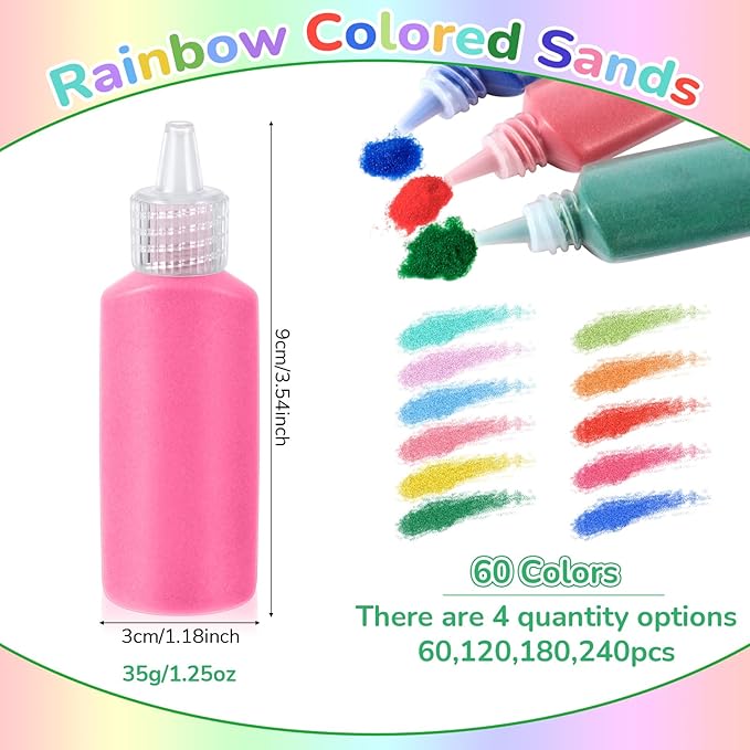 Wettarn 180 Pcs 1.25 oz Sand Art Bottle Kits 60 Colors of Sand and Bottle for Rangoli Art Painting DIY Drawing Favor Diwali Wedding Decoration Vase Glass Crafty Collection (Multicolor)