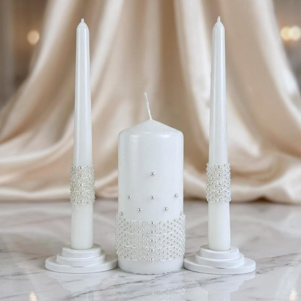 Unity Candle Set - Wedding Ceremony & Reception Candle– 6” Pillar & Two 10” Taper Candles – Long Burning Unity Candles for Marriage Ritual – Handmade in USA – White |Pearls| Luxury