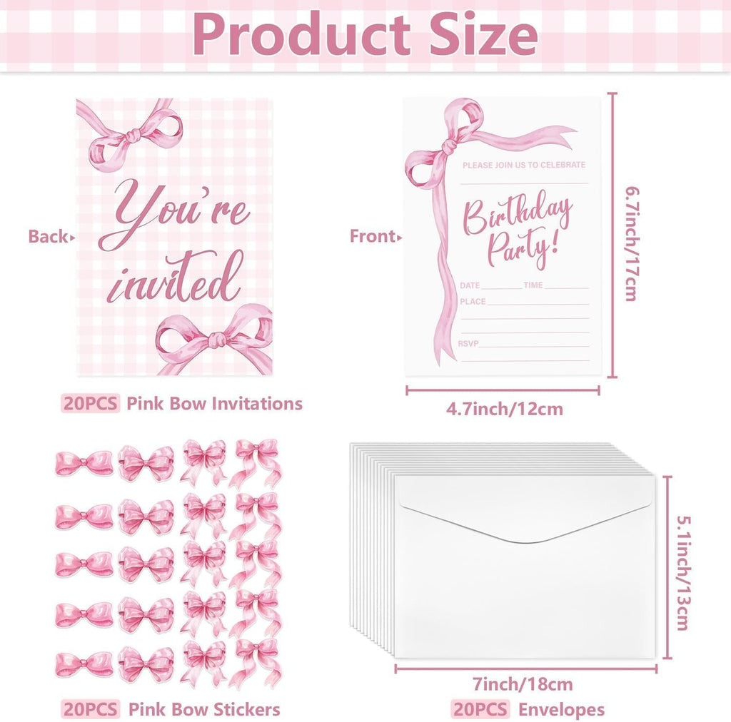 Pink Bow Birthday Invitations for Girls Boys, 20 Sets Bow Knot Invitation Cards with Stickers and Envelopes for Birthday Baby Showers Weddings and Celebrations, 4.7 x 6.7 Inch
