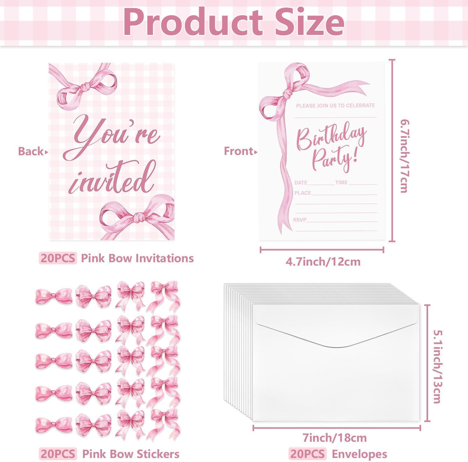 Pink Bow Birthday Invitations for Girls Boys, 20 Sets Bow Knot Invitation Cards with Stickers and Envelopes for Birthday Baby Showers Weddings and Celebrations, 4.7 x 6.7 Inch