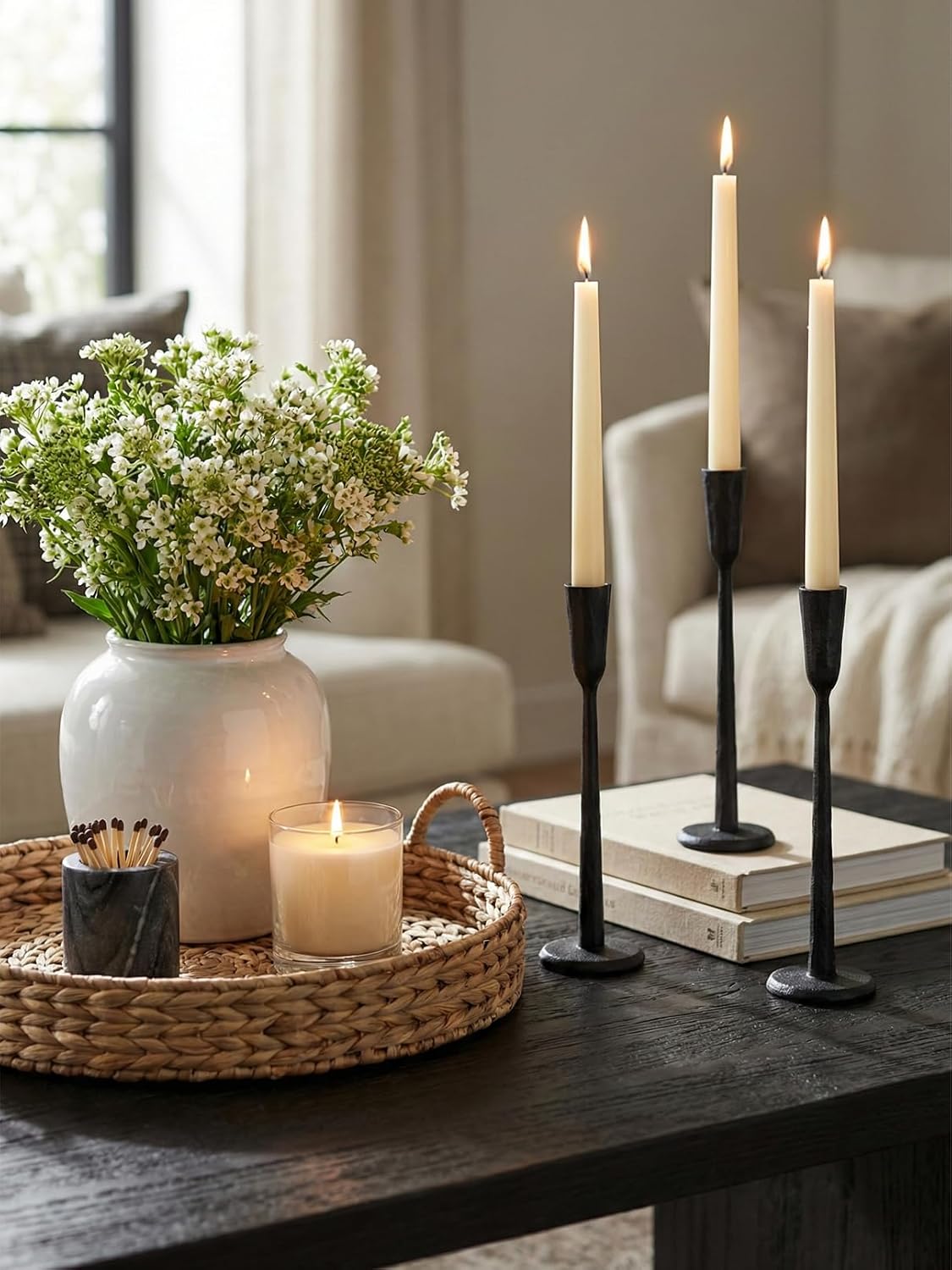 Black Iron Taper Candle Holder Set of 3, Heavy Wrought Iron Candlestick Holders Decorative Candle Stand, Vintage Candle Holder for Wedding, Dining, Home Decoration