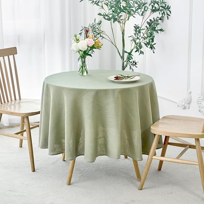 maxmill Lux Faux Linen Tablecloth with Slubby Texture Wrinkle Resistant Anti-Shrink Soft Table Cloth for Kitchen Dining Restaurant Tabletop for Event Holiday Dinner Round 70 Inch Sage Green
