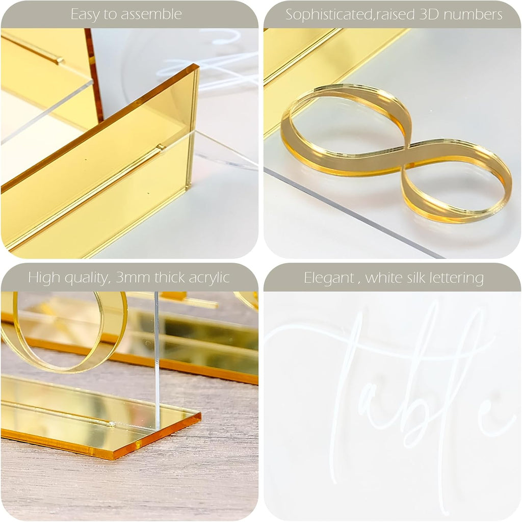 HOODO Clear Arch Wedding table numbers 1-15 with Stands, 5"x7" Arched Acrylic Signs with Gold Mirror Numbers, Clear and Gold Acrylic Table Numbers for Wedding Reception, Party, Anniversary, Event
