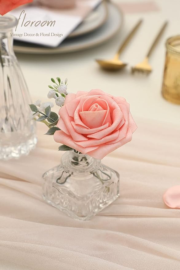 Floroom Artificial Flowers 50pcs Real Looking Mixed Living Coral Foam Fake Roses with Stems for DIY Wedding Bouquets Bridal Shower Centerpieces Floral Arrangements Party Tables Home Decorations