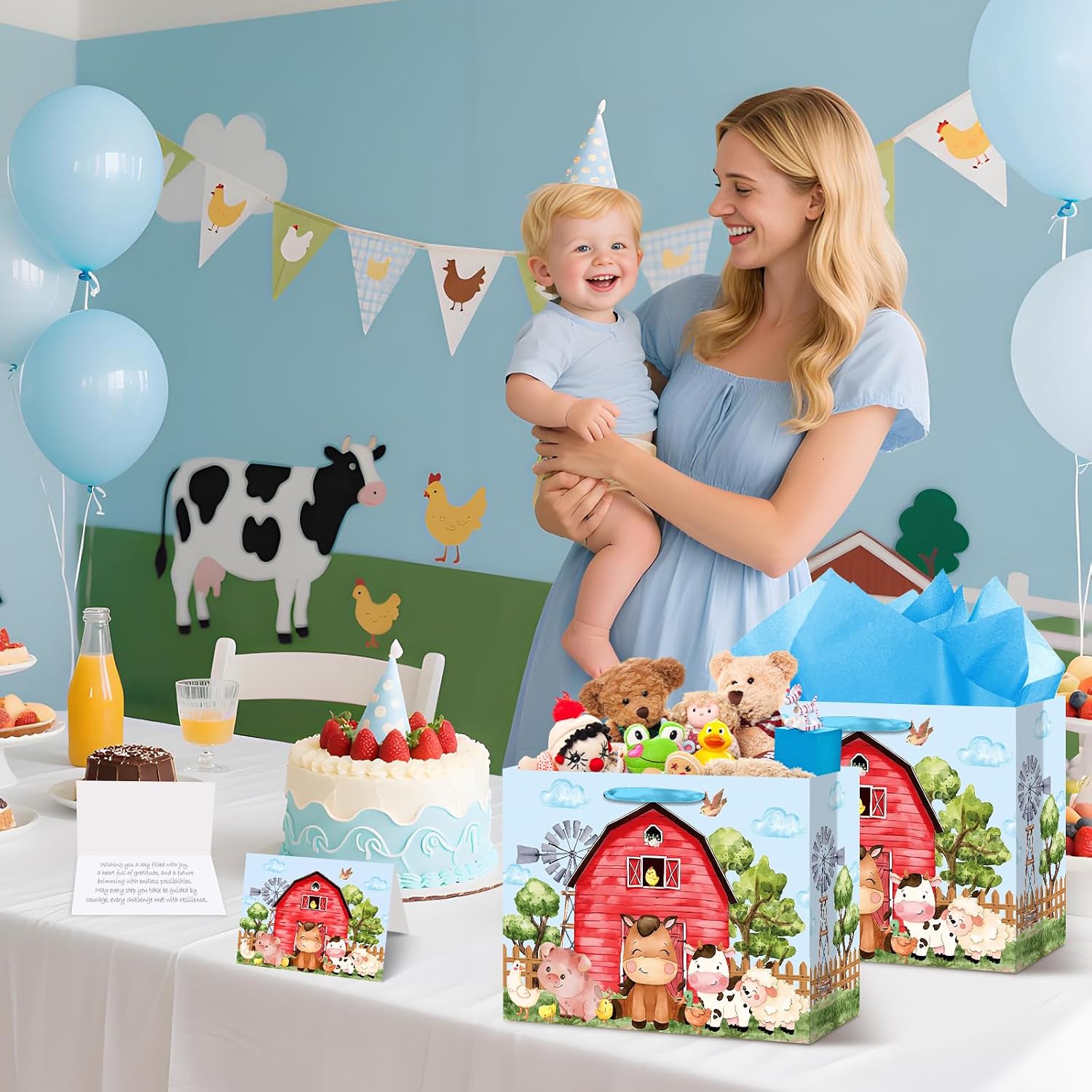 Farm Animals Theme Birthday Gift Bag for Boys Baby Shower Blue Farmhouse Barnyard Gift Bag Wrapping Paper Card Large Cows Pigs Gifts Bag for Baby Shower Farm Birthday Party Favors Supplies