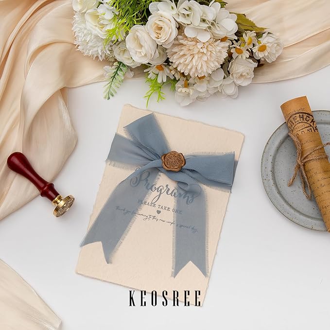 3 Rolls Dusty Blue Handmade Chiffon Ribbon,1.5" x 21Yd Frayed Fringe Silk Ribbons (3 Rolls *7Yd) for Gifts Wrapping, Wedding Invitations, Bridal Bouquets, Decorations