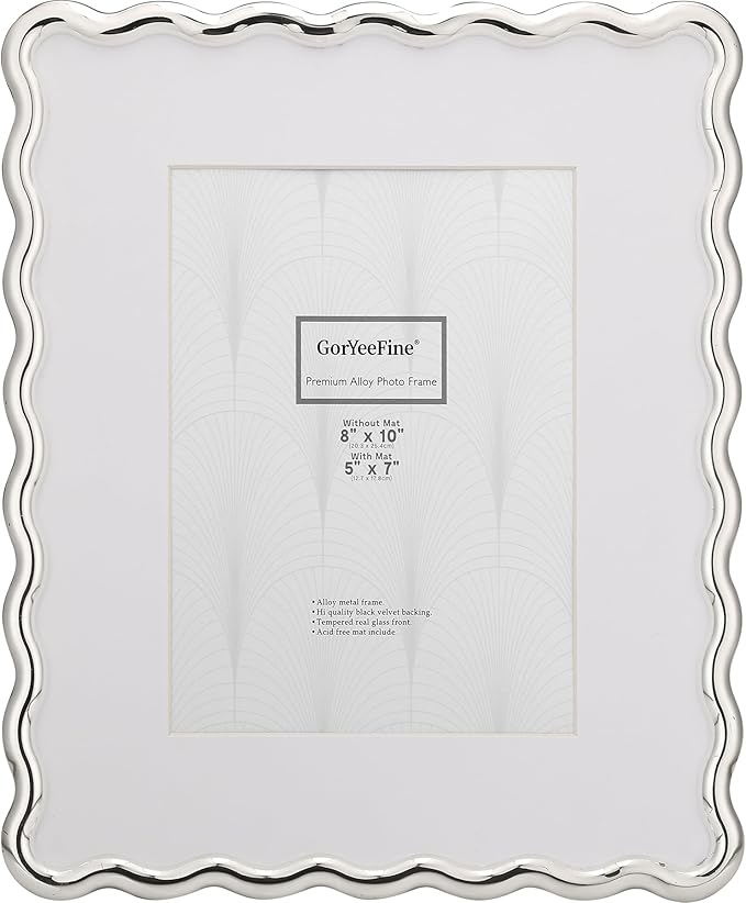 Silver 8x10'' Wave Design Photo Frame with Acid Free Mat for 5x7'',High-End Zinc Alloy Picture Frames with Velvet Back,Fashionable Style Silver frames 7x5''