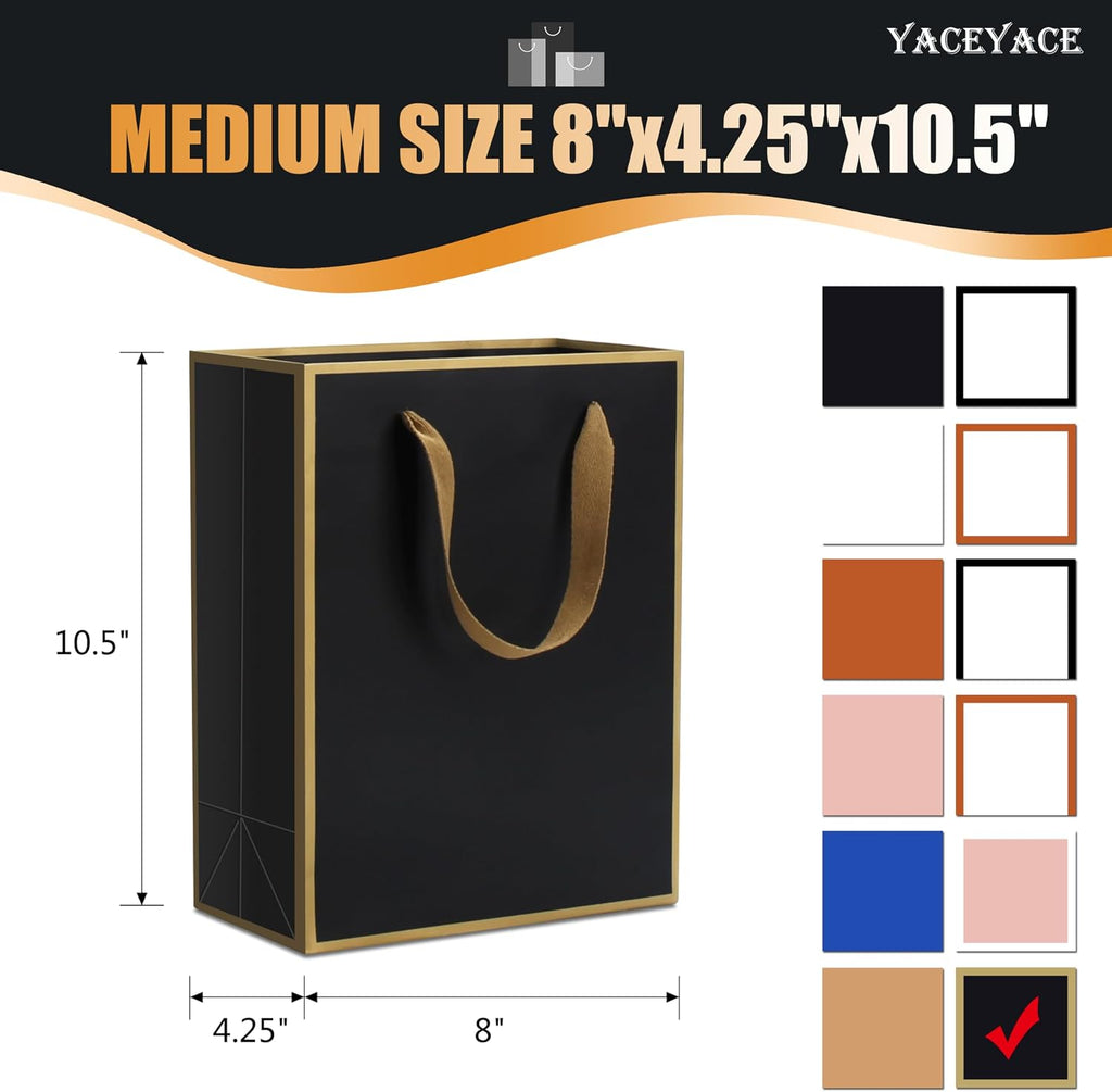 Medium Black and Gold Gift Bags With Handles - 10Pcs 8x4.25x10.5 Inch Bulk for Wedding, Party, Birthday, Retail