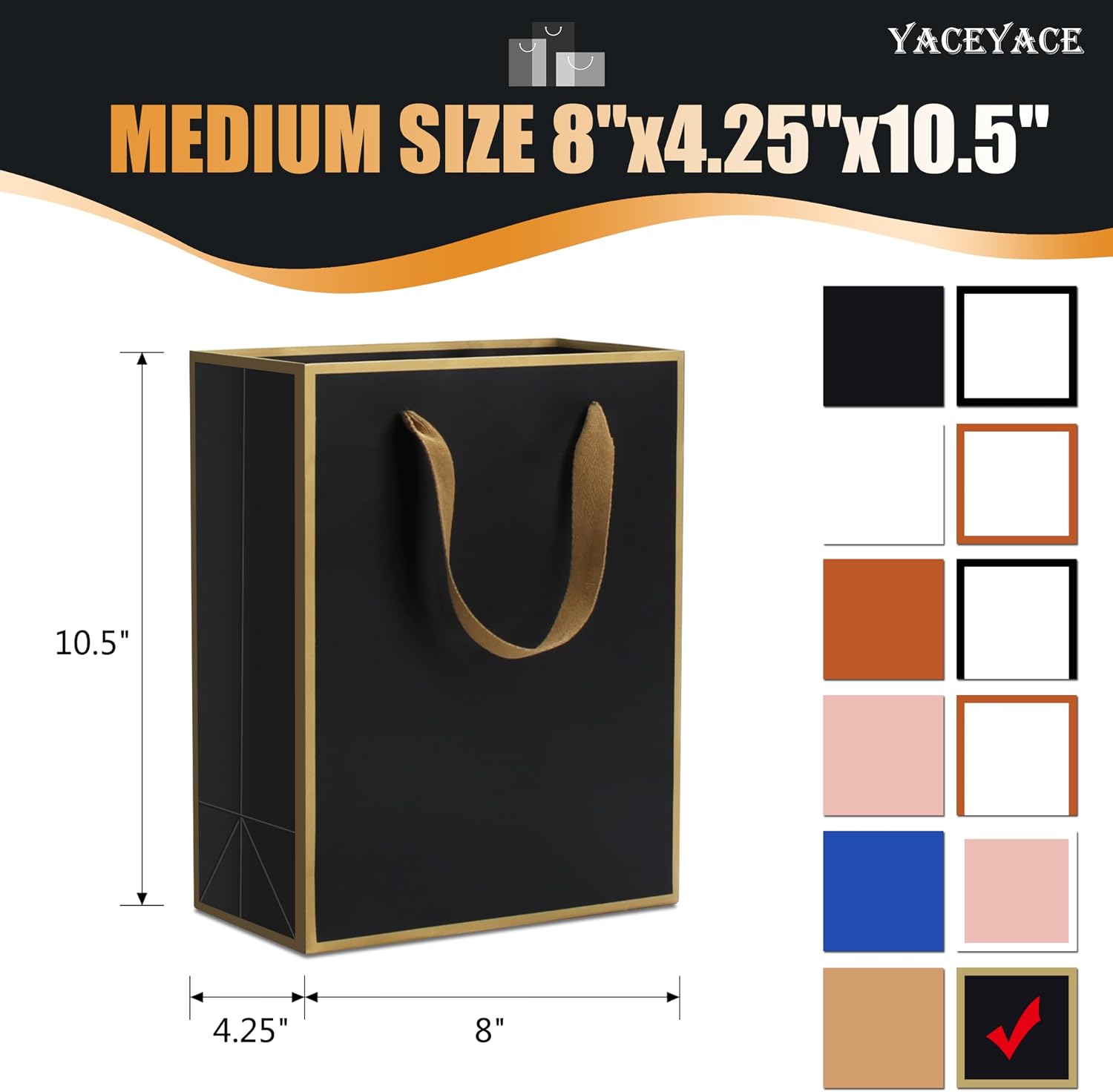 Medium Black and Gold Gift Bags With Handles - 10Pcs 8x4.25x10.5 Inch Bulk for Wedding, Party, Birthday, Retail