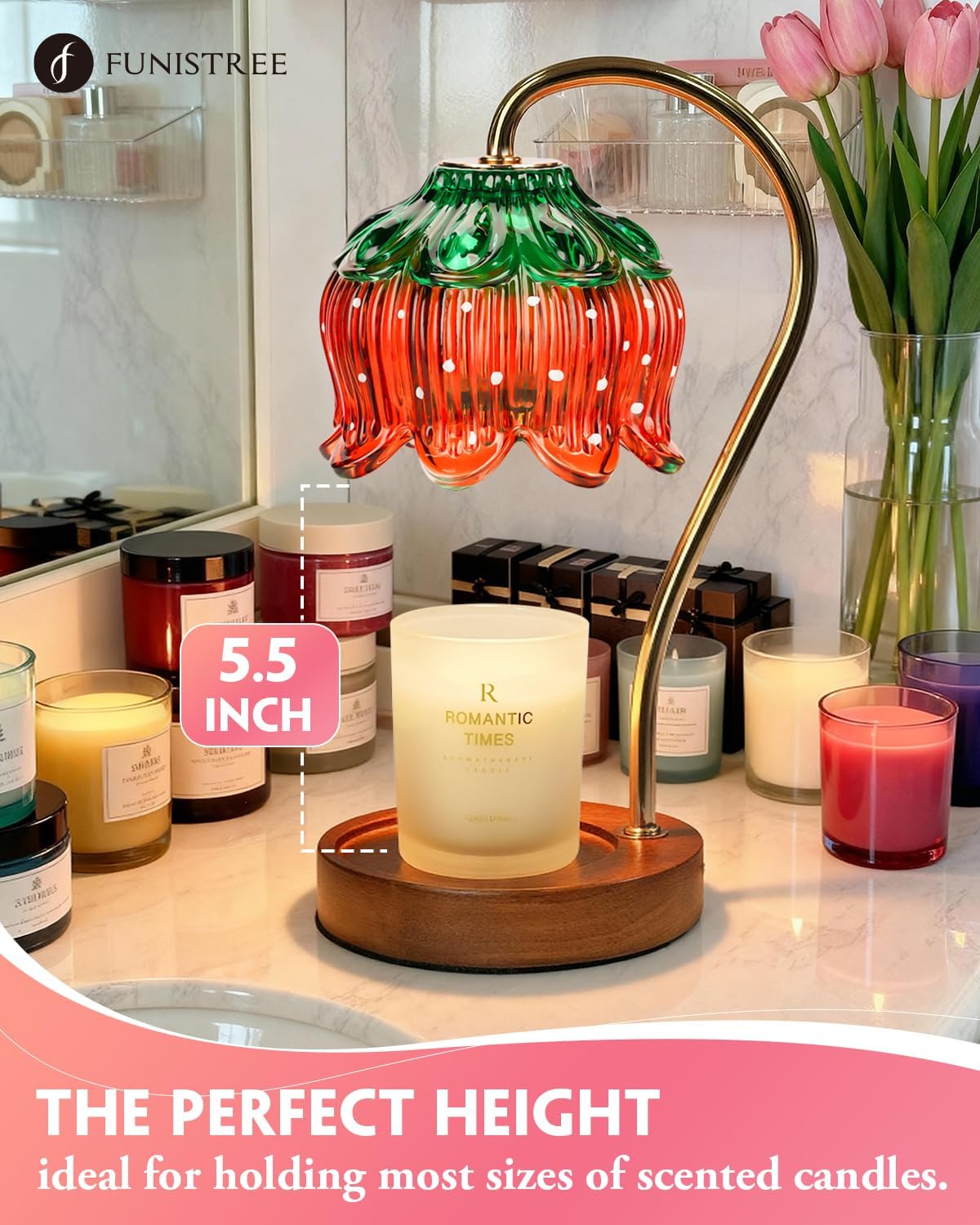Funistree Flower Candle Warmer Lamp with Timer, Dimmable Candle Lamp Warmer, Christmas Birthday Gifts for Women Mom Her, Housewarming Home Decor, Lotus Wax Warmer for Yankee Candles - Strawberry