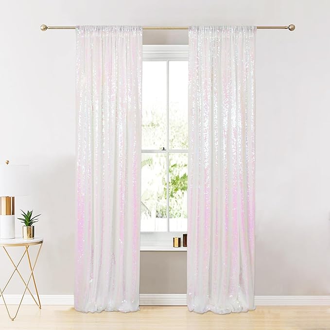 ShinyBeauty Sequin Backdrop 2FTx8FT Iridescent White 2 Pieces White Sequin Back Drop Glitter Background Sparkly Backdrop for Photograph Decorations