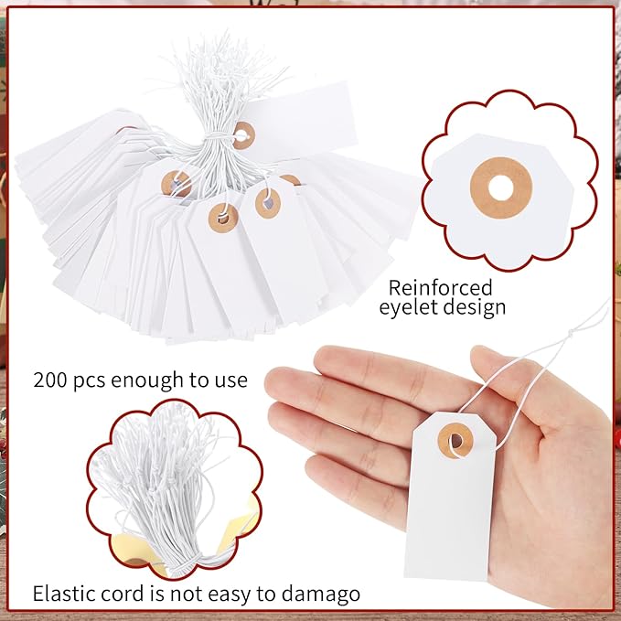 200 Pack White Blank Tags with Elastic String Marking Hang Tags Attached Reinforced Hole Writable Gift Tag for Christmas Gifts Stocking Stuffers 2.75'' x1.37''