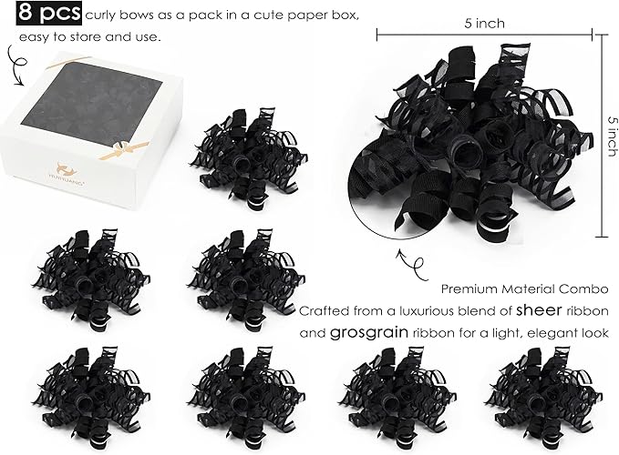 HUIHUANG Black Bows for Gift Wrapping Curly Gift Bow 5 inch x 8 Counts Self-Adhesive Ribbon Bows for Presents, Paper Bag, Party Favors, Wrapping Accessories, Holiday Wedding Decoration
