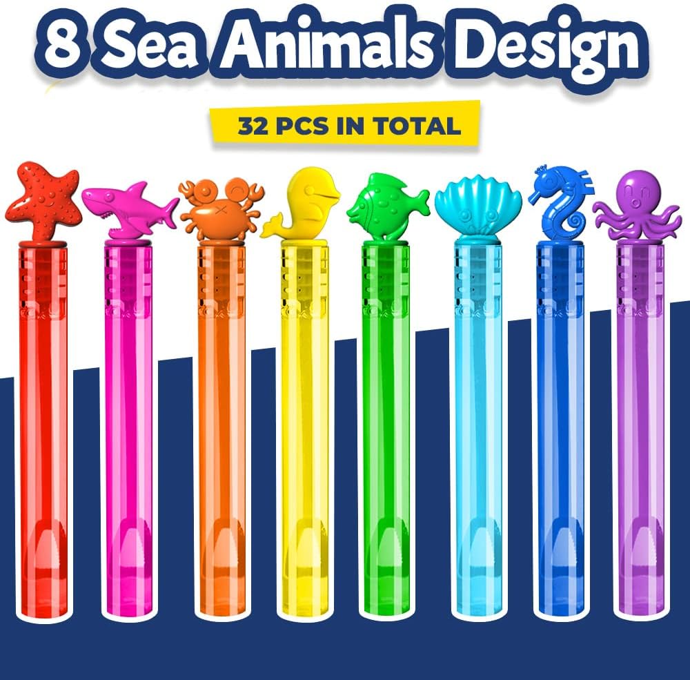 VKTEN 32Pcs Sea Mini Bubble Wands Assortment 8 Styles 8 Colors Bubble Party Favors for Kids, Bubbles for Kids, Themed Birthday Party Favors, Classroom Prizes Summer Outdoor Gifts for Girls Boys