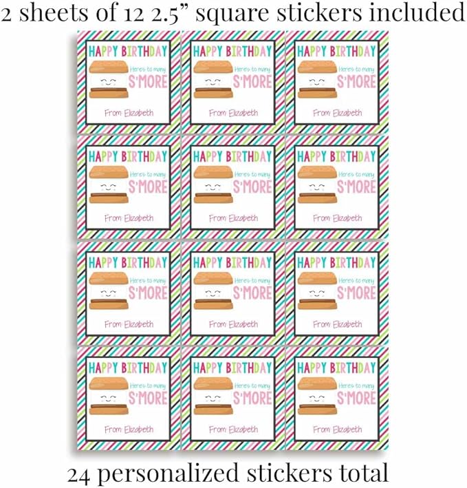 Custom & Personalized Many S'More Happy Birthday Gift Tag Sticker Labels, 24 2.5" Square Stickers by Amanda Creation
