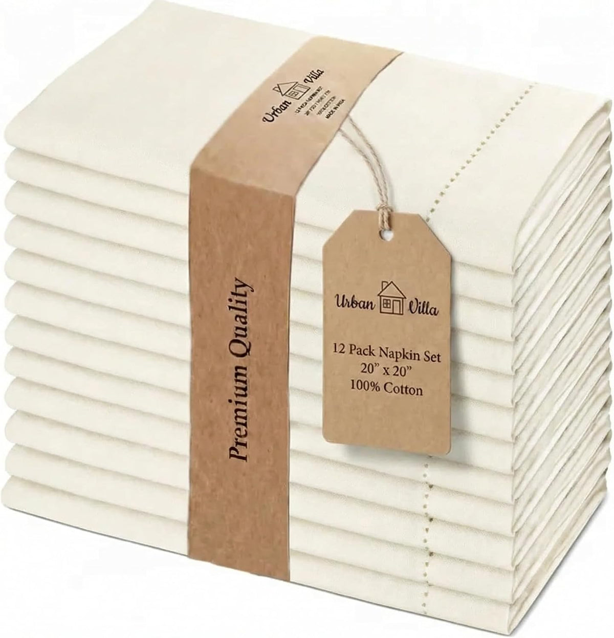 Urban Villa Cloth Napkins Ivory Hemstitch Dinner Napkins Set of 12 (20X20) 10...