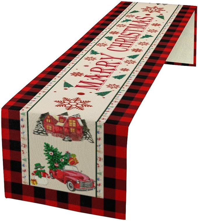 Merry Christmas Table Runner,Winter Xmas Holiday Table Cloth Kitchen Dining Table Decoration for Home Party Decor 13x90 Inch