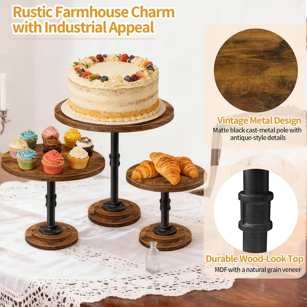 Cake Stand Set of 3, Rustic Industrial Wood Round Cupcake Stands