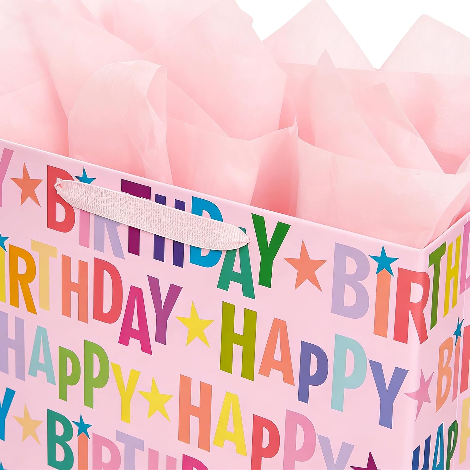 Yusenguan 13" Pink Happy Birthday Gift Bag, Colorful Lettering Design with Card, Tissue Paper and Sturdy Handles for Kids & Adults Birthday Parties