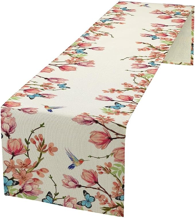 Spring Floral Bird Table Runner, Watercolor Pink Flower Plants Nature Butterfly Table Runner for Kitchen Dinner Living Room Home Party, 13x90 Inch