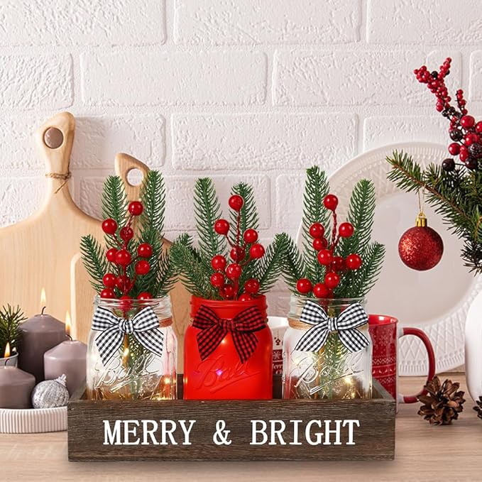 DIYDEC 3PCS Christmas Mason Jars 3*5Inch lighting Painted Xmas Tiered Tray Decorative Jars with Wood Tray &Artificial Flowers Wishing Bottles for Winter Holiday Home Table Centerpiece Decor Gift (Red)