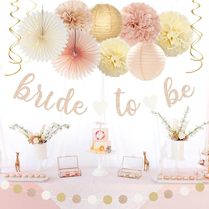Champagne-Gold Beige Fall Bridal-Shower Party-Decorations - 36pcs Bride To Be Banner,Bachelorette Paper Lanterns,Wedding Streamers Garland,Boho Peach Tissue Pom Poms Flower Fan Decor Supplies Burgleda
