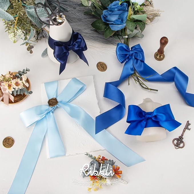 Ribbli Blue Satin Ribbon 1-1/2 Inch x 4 Rolls Total 40 Yards- Baby Blue/Royal Blue/Electric Blue/Navy Ribbon for Gift Wrapping Craft Wedding Decoration